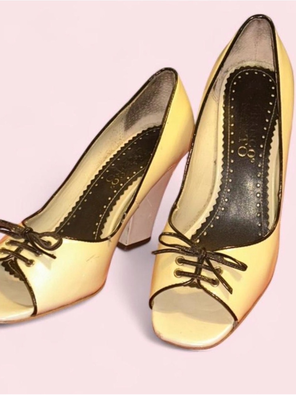 SOLD Coquette Franco Starco Cream Patent Leather Peep-Toe Block Heels
